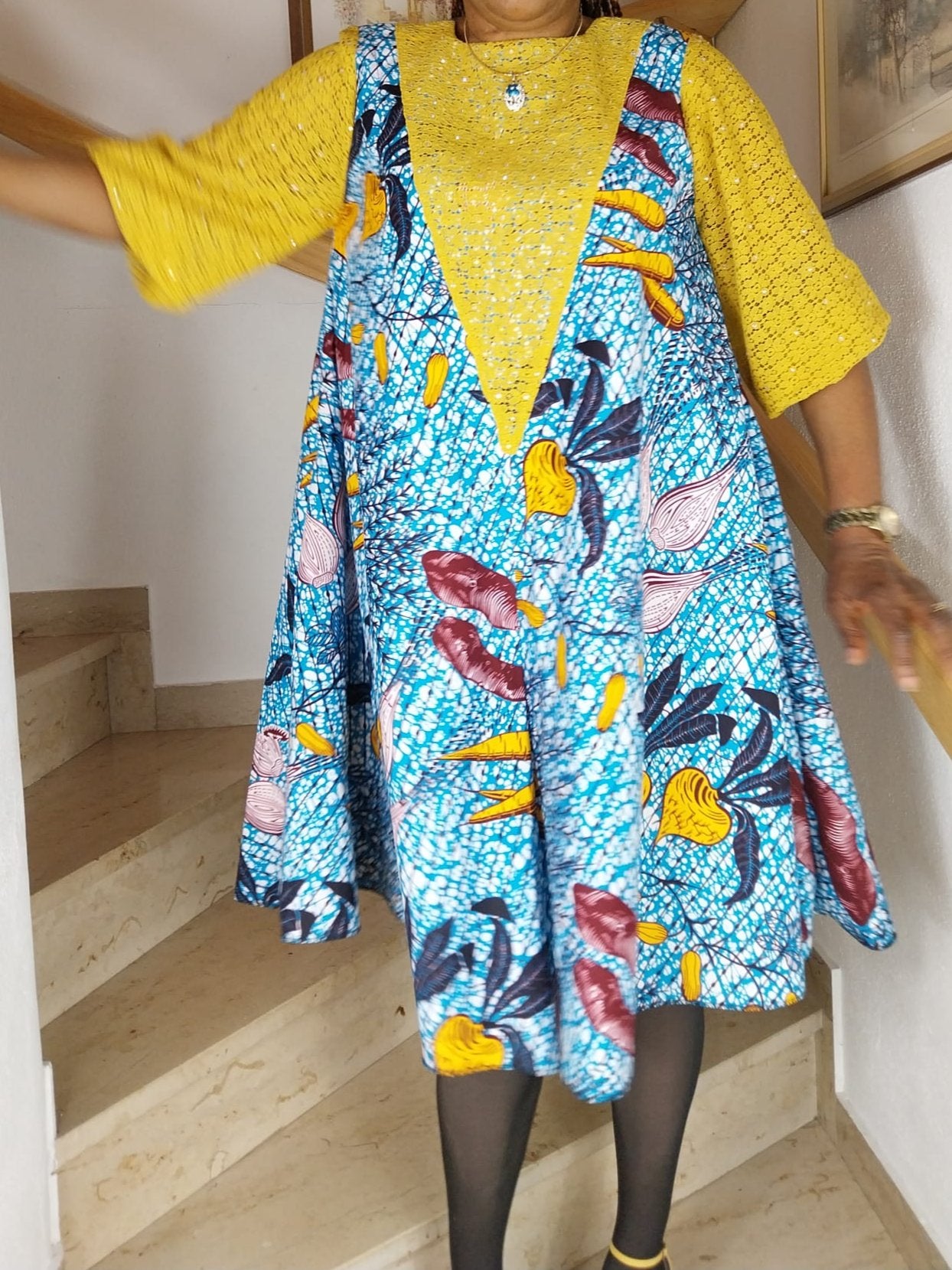 Ankara flare midi dress. knee-length dress. Mustard yellow lace design dress. dress for women. Short flare dress.