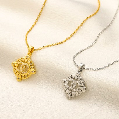 N-Chanel36 Stainless steel, Waterproof, Necklace, cc embossed with zirconstones on pendant
