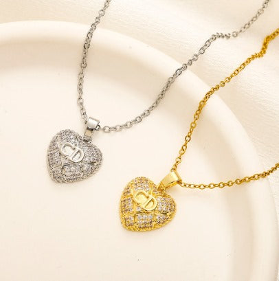 N-Dior33  Stainless steel, Waterproof, Necklace, Heart shaped pendant with zircon stones