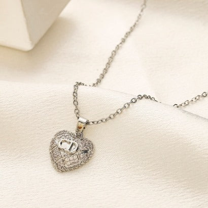 N-Dior33  Stainless steel, Waterproof, Necklace, Heart shaped pendant with zircon stones