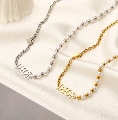 N-Dior4 Stainless steel, Waterproof, Necklace, Dior embossed, pearl and chain