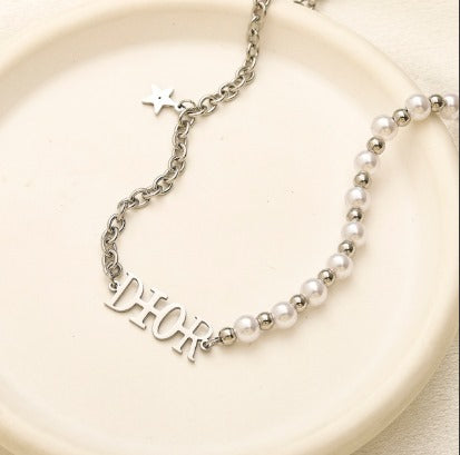 N-Dior4 Stainless steel, Waterproof, Necklace, Dior embossed, pearl and chain