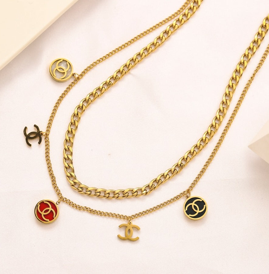 N-Chanel97. Chanel Double layered Necklace, with charms, stainless steel and waterproof,