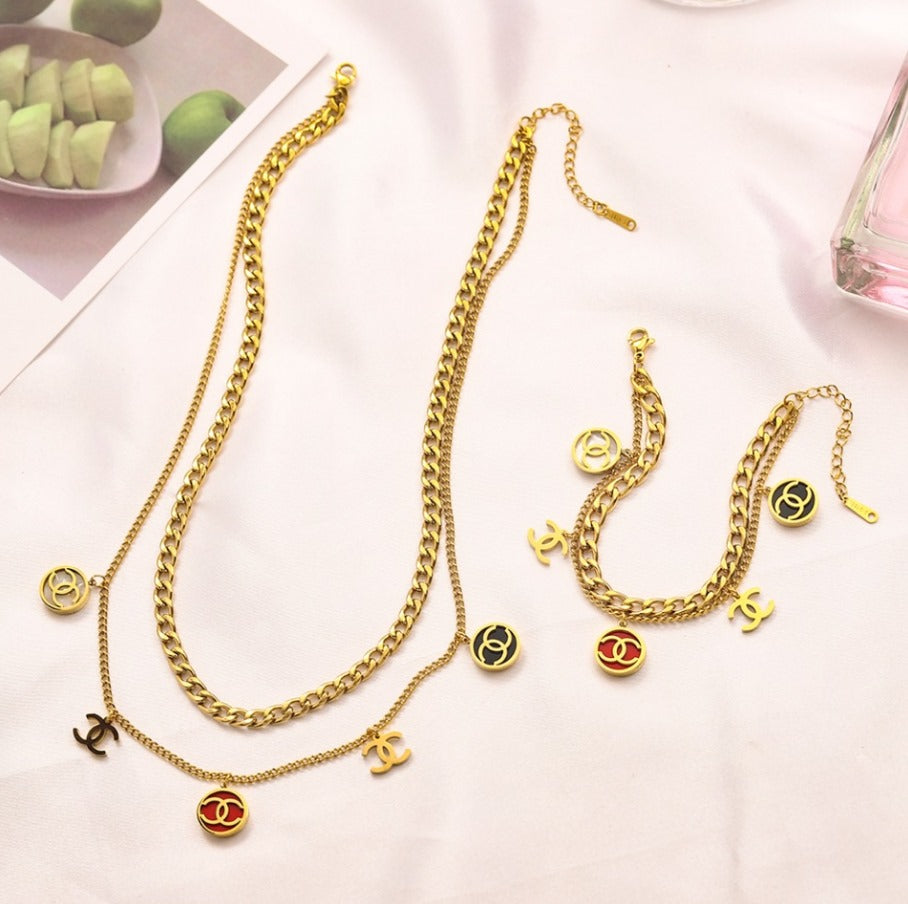 N-Chanel97. Chanel Double layered Necklace, with charms, stainless steel and waterproof,