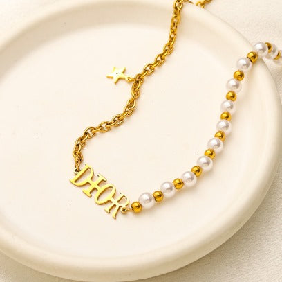 N-DIior4. Dior Stainless steel, Waterproof, Necklace with pearls,