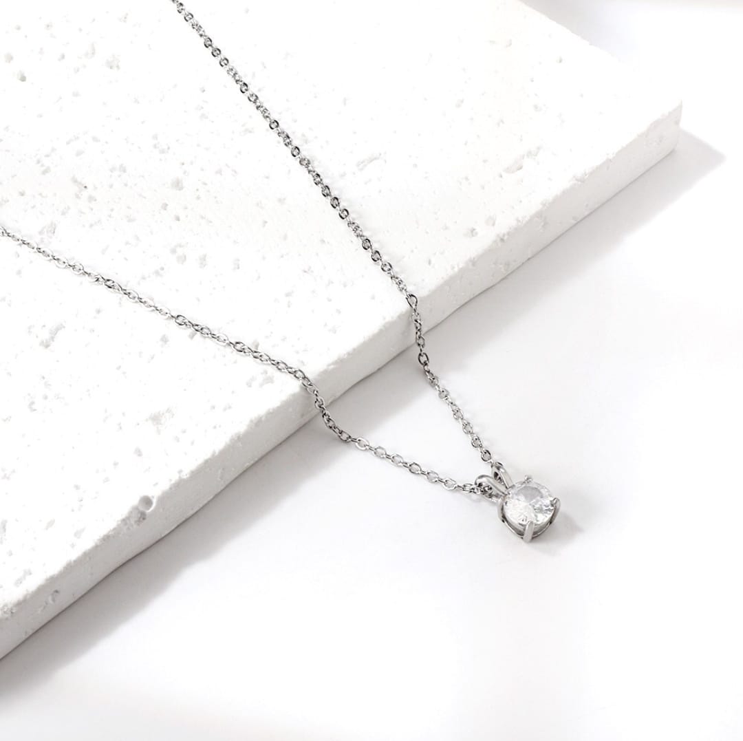 Necklace with crystal stone pendant.  waterproof necklace, silver necklace, stainless steel.