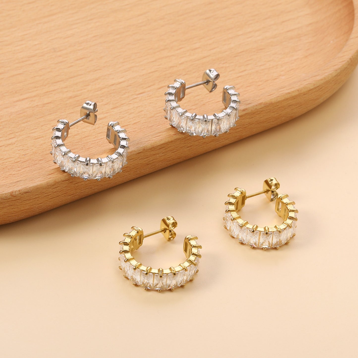 Half hoop earring with white crystal rhinestones