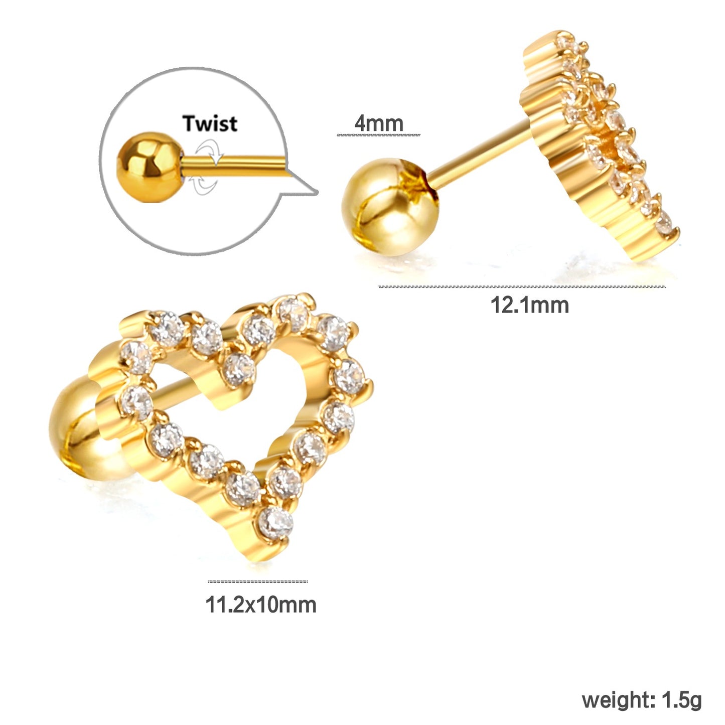 Heart shaped  screw studs with zircon stones.
