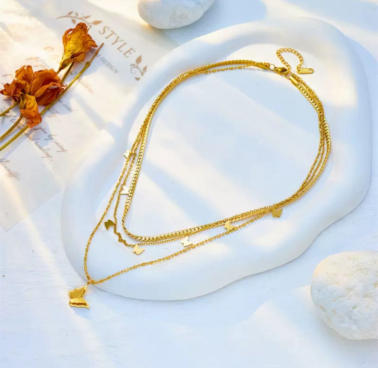 ELA TRIPLE CHAIN BUTTERFLY NECKLACE
