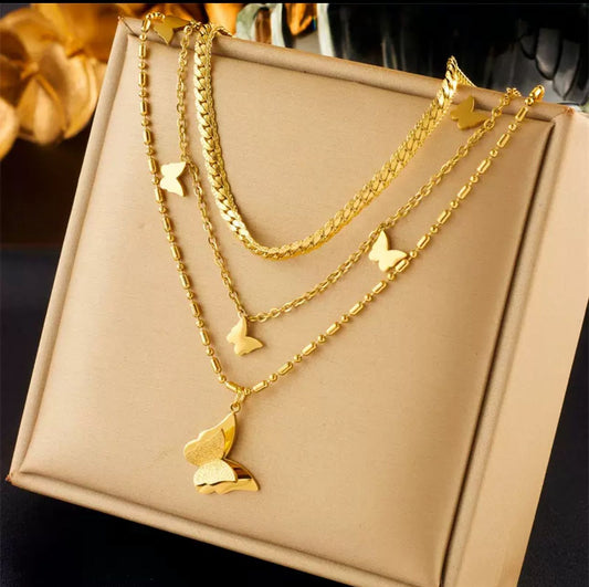 ELA TRIPLE CHAIN BUTTERFLY NECKLACE